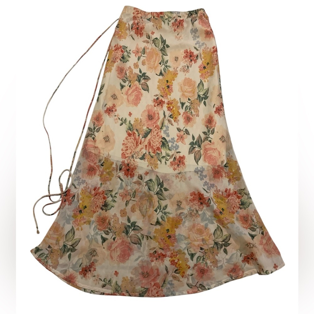 Audrey 3+1 Floral Sheer Maxi Skirt Cottagecore Wrap Tie Cottage Core Romantic M